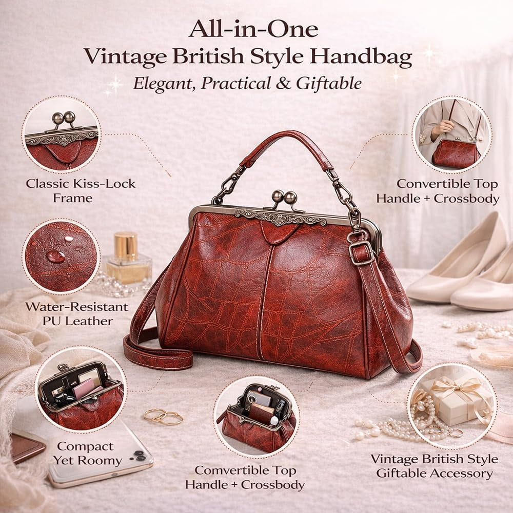 Kiss Lock Tote Handbag for Women, Vintage Frame Purse with Top Handle & Crossbody Strap, Structured Leather Shoulder Bag for Work, Daily, Travel