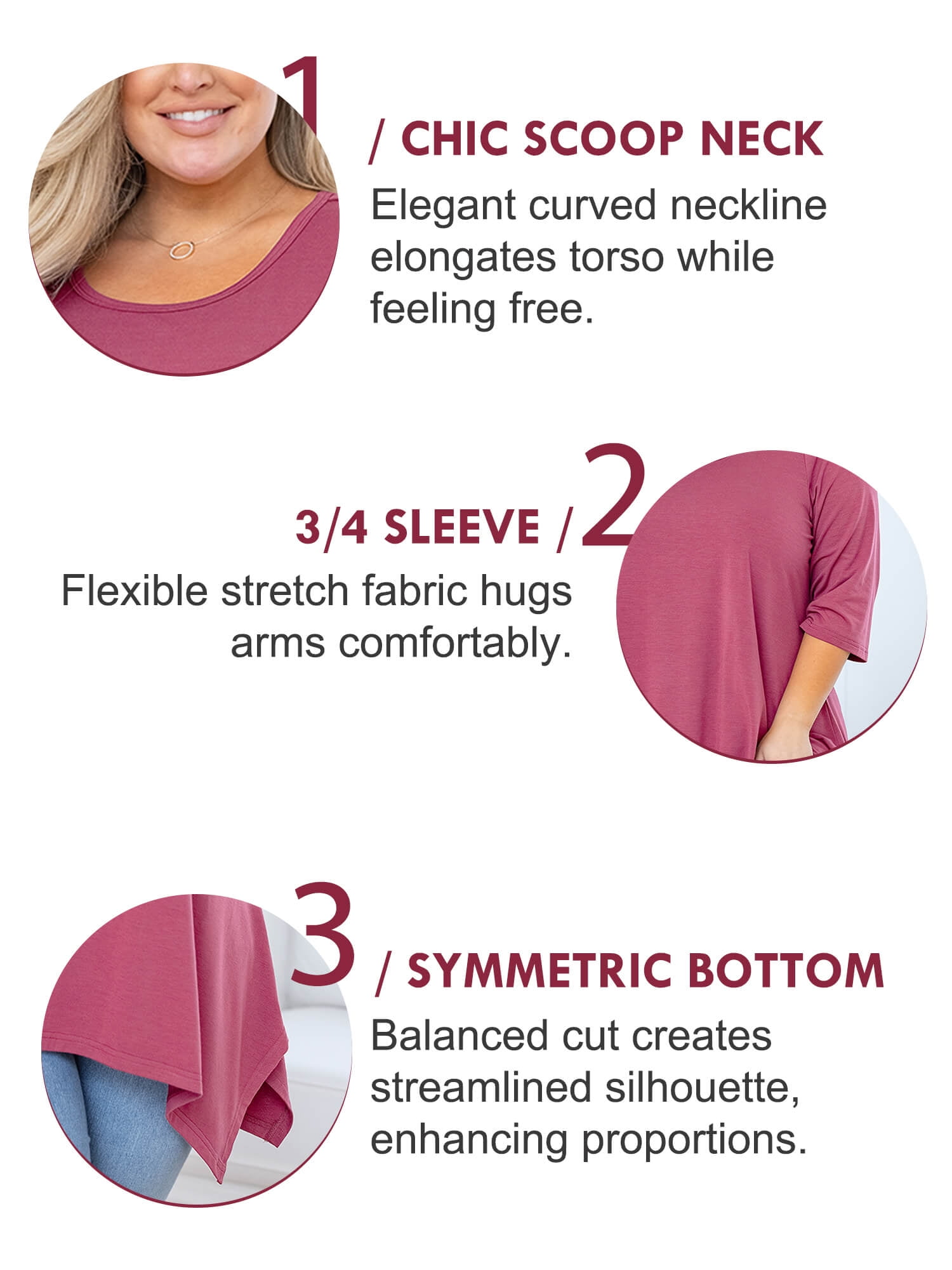 MONNURO Women's Plus Size 3/4 Sleeve V-Neck Tunic Top - Loose Flowy Swing Top For Leggings
