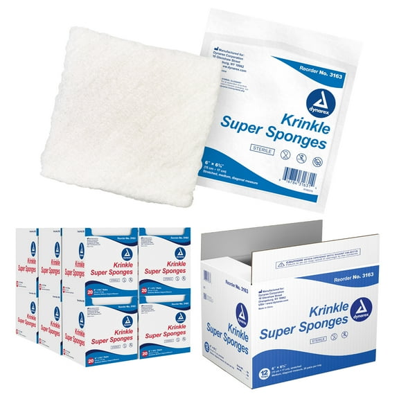 Dynarex Krinkle Super Sponges - Sterile Gauze Pads for Dressing Wounds - Wound Care Supplies for Hospital, Emergency Kit - 6" x 6.75", 12-ply, 2 per Pack - 240 Packs per Case