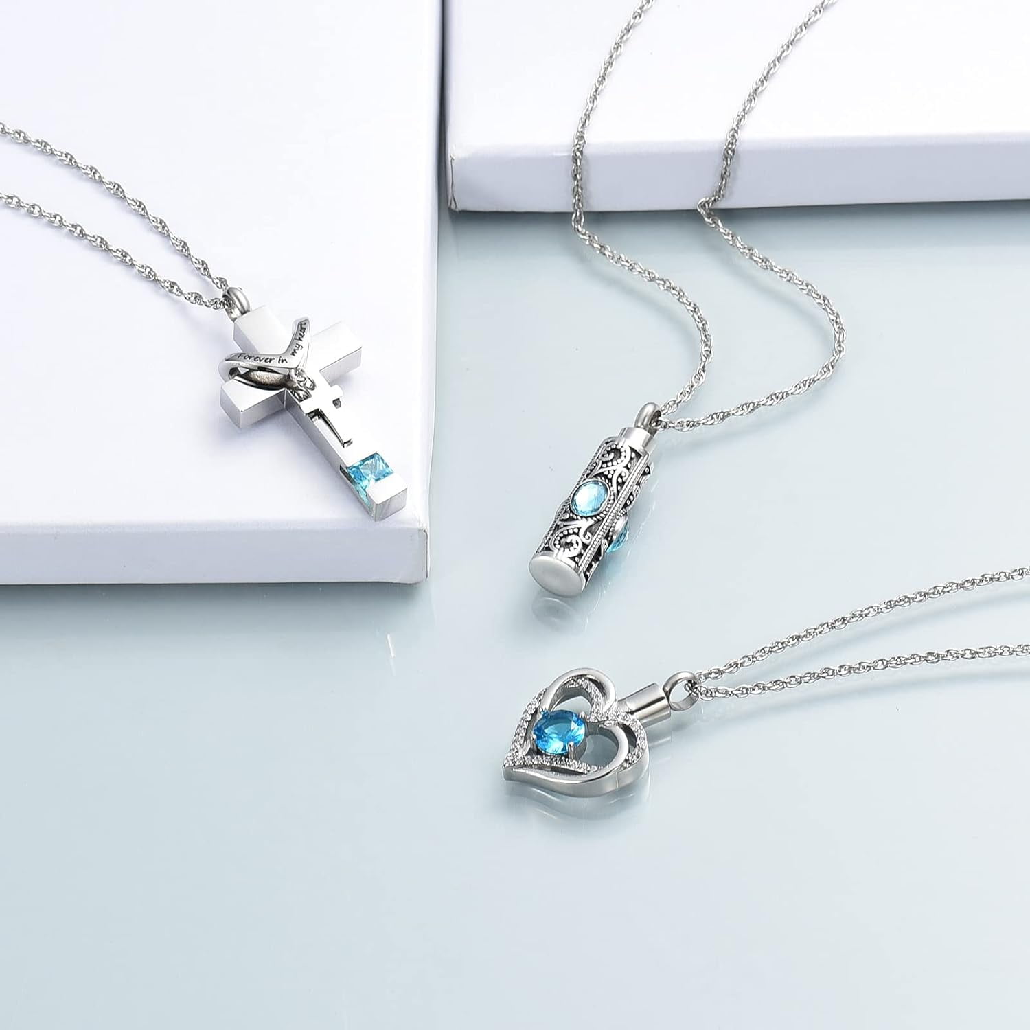 3 Pack Urn Necklace for Ashes for Women Gilrs Heart Cross Cylinder Cremation Jewelry for Ashes Memorial Keepsake Birthstone Pendant