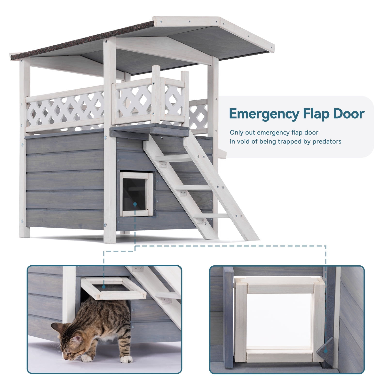 Petsfit Two-Story Outdoor Cat House with Asphalt Roof & Escape Door, Gray