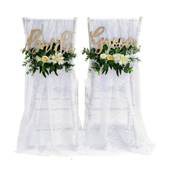 Fun Express Floral Bride & Groom Wedding Chair Decorations with White Lace Chair Covers
