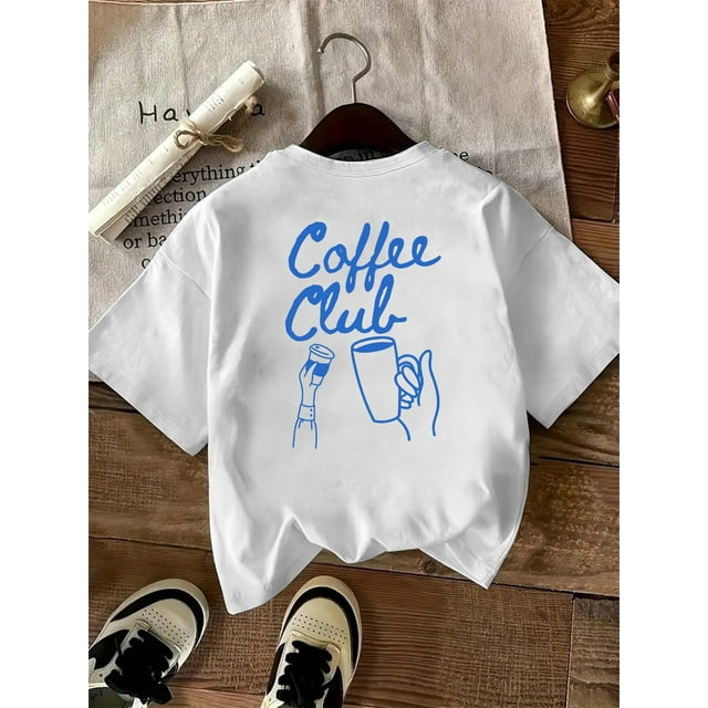 Women's Coffee Club Graphic Tee - Stylish White Crew Neck T-Shirt with Coffee Cup Design, Soft Cotton Fabric, Perfect for Spring & Summer Casual Wear