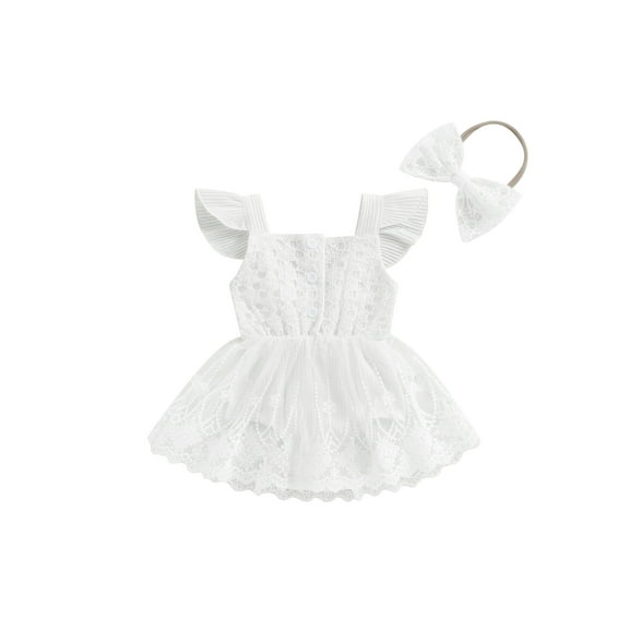 Miaouyo Baby Girl Summer Outfit, Square Neck Fly Sleeve Lace Romper Dress Bow Headband 2 Piece Set for Toddler