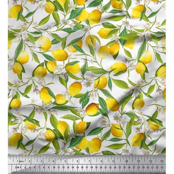 Soimoi Satin Silk Fabric Leaves,Floral & Lemon Vegetable Print Fabric by Yard 42 Inch Wide