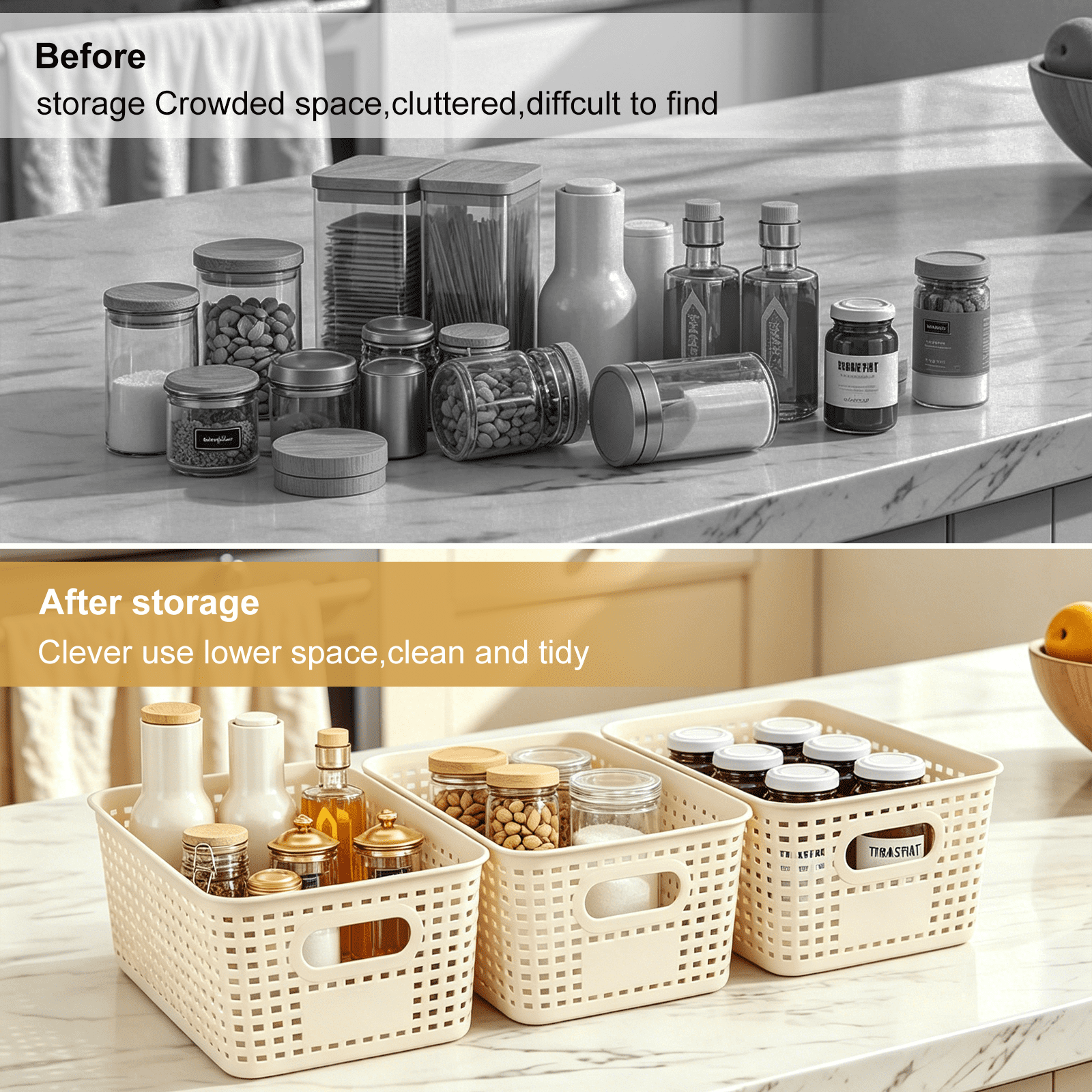 6 Pack Stackable Plastic Storage Baskets with Bamboo Lids, Storage Containers for Organizing Shelves, Drawers, Desktop, Closet, Office & Classroom, Includes Labels & Pen