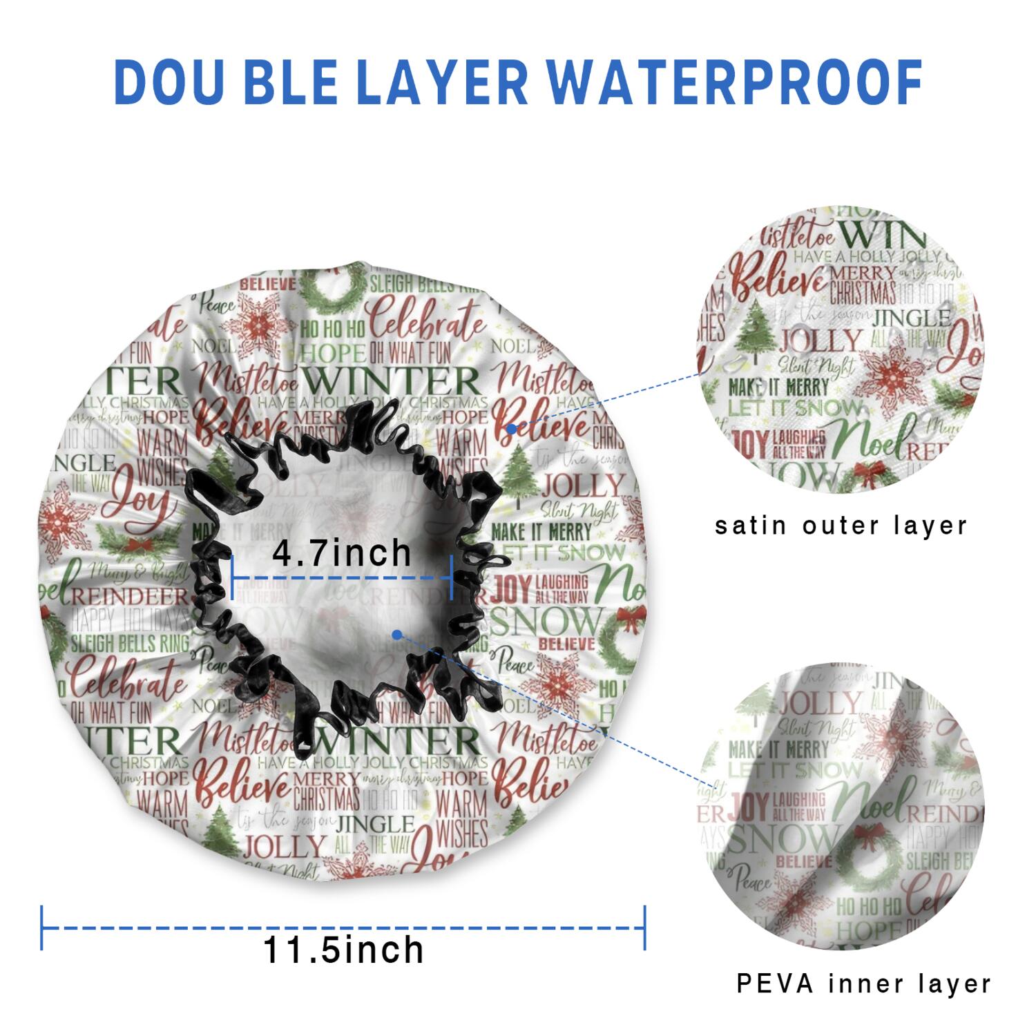 Shower Caps,Multicolor Christmas Word Pattern Waterproof Shower Cap for Women 4 Pieces,Double Reusable Hair Cover for Shower PEVA Elastic Stretch Hem