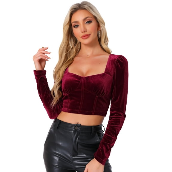 DARING DIVA Women's Ruched Sleeve Sweetheart Neck Party Velvet Crop Tops XS Wine Red