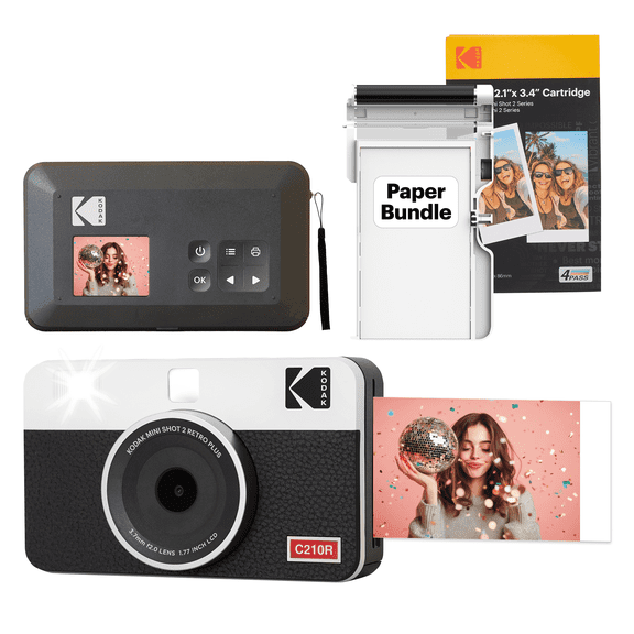 KODAK Mini Shot 2 Retro 4PASS 2-in-1 Instant Camera and Photo Printer (2.1x3.4 inches) 38 Sheets Bundle, White