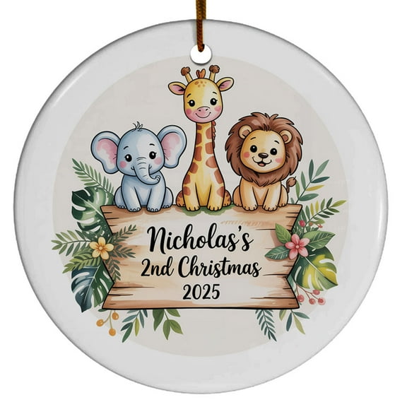 Baby's 2nd Christmas Ornament, Baby Second Xmas Woodland Animal Christmas Ornament 2025, Custom Name Text & Birthday Kid Christmas Ornaments, Circle Christmas Ornament