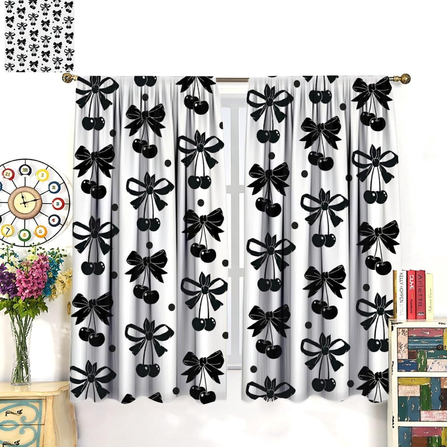Black Bow Curtains, Vintage Dark White Cherry Ribbon Bows Aesthetic Print Window Drapes Curtains for Kids Girls Bedroom Livingroom Bathroom, 55" W X 39" L