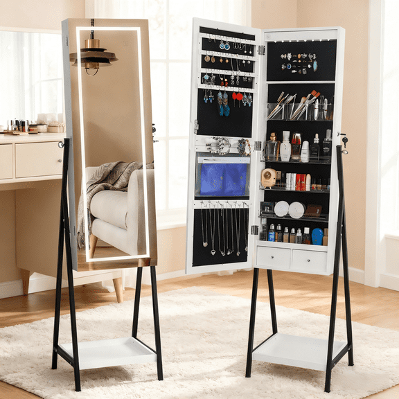 Zimtown 63'' Freestanding Jewelry Cabinet, Lockable Jewelry Armoire with Full Length Mirror and Bottom Storage Shelf, White