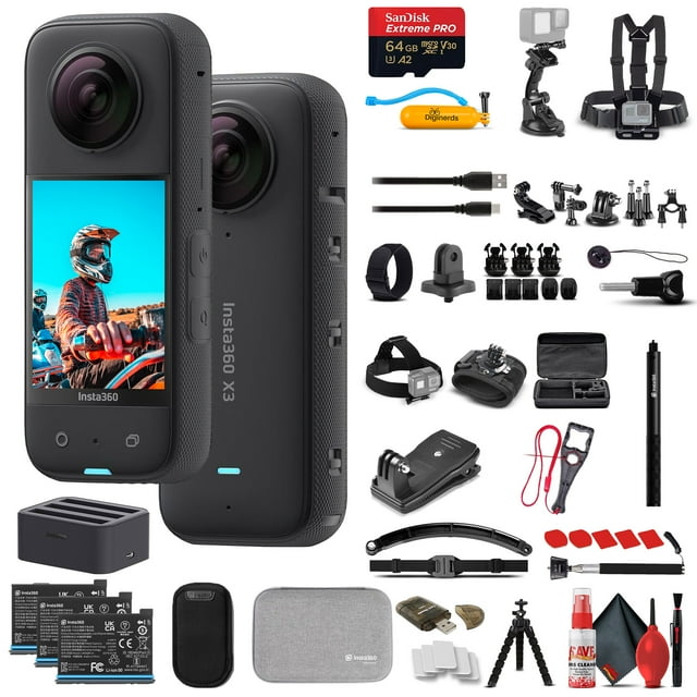 Insta360 X3 - Cámara de acción 360 a prueba de agua + Kit de accesorios 50 en 1 + Más