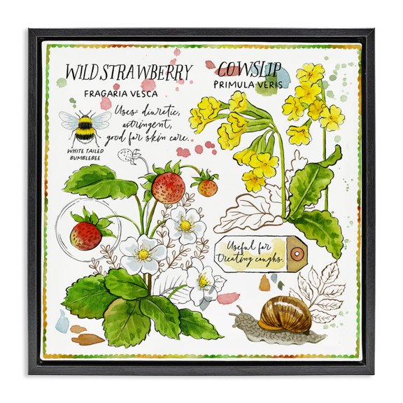 Stupell Industries Strawberry & Florals Uses Plants & Flowers Painting Black Floater Framed Canvas Art Print Wall Art, 18 x 18