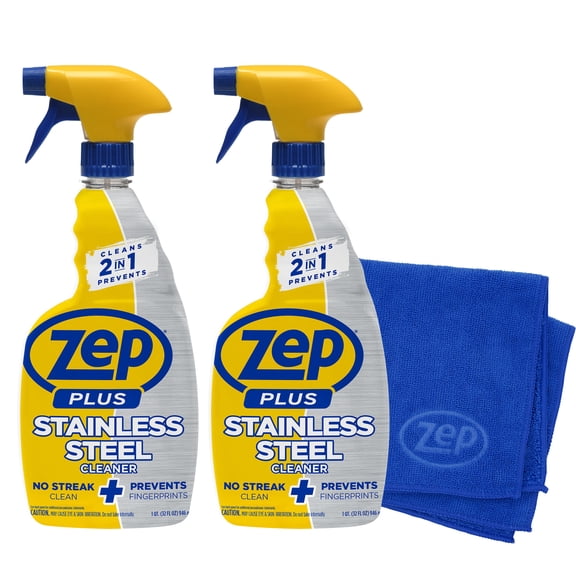 Zep Plus Stainless Steel Cleaner 32 oz and Blue Microfiber Rag Streak-Free Fingerprint Removal for Stainless Steel Appliances