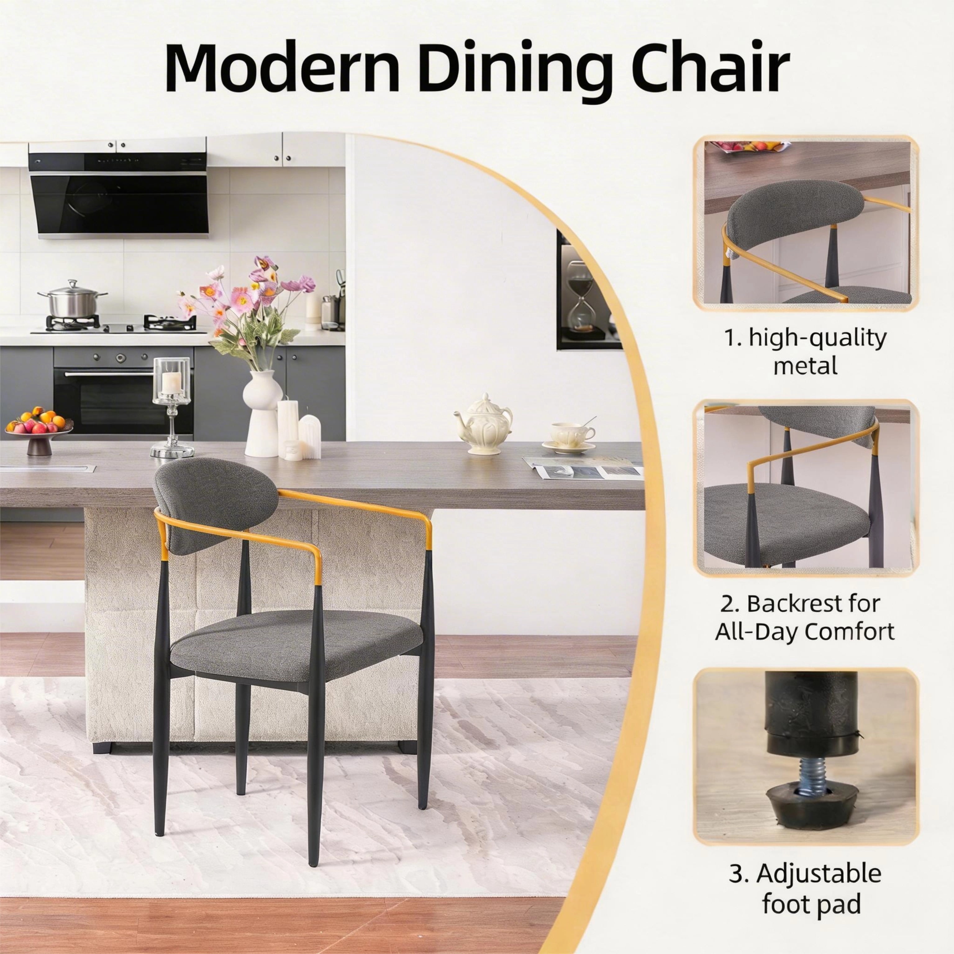 Set of 2 Modern Upholstered Dining Chairs with Gold-Accented Armrests, Ergonomic Design for Dining Room and Office, Grey Fabric with Black Frame