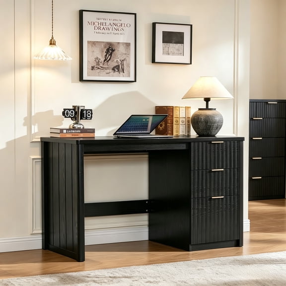 Buildhom 48" Fluted Office Computer Desk with 3 Drawers & Storage, Wood Writing Table for Home Office, Bedroom, Black