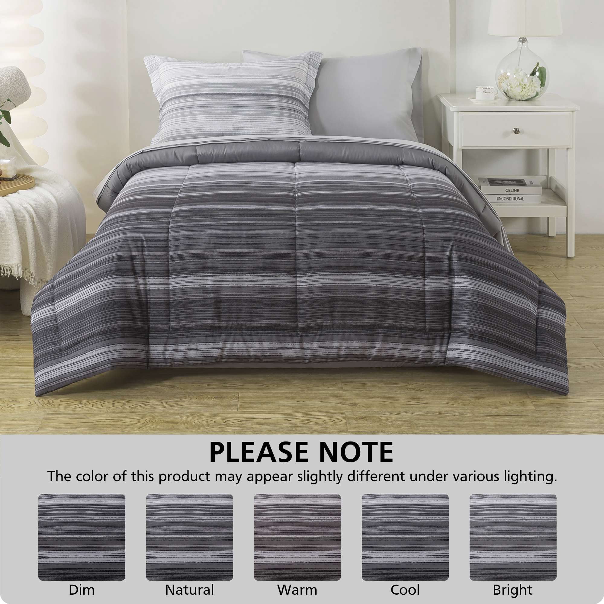 Mainstays All in One Reversible Comforter and Sheet Set, 5-Piece, Twin, Gray Stripe