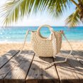 thumbnail image 6 of Round Small Crossbody Grass Woven Bag for Women, Handmade Paper Rope Woven Bag with Lace Carry Handle, Cute Mini Round Straw Beach Tote for Girls Summer Vacation Beach Travel Shopping, 6 of 6