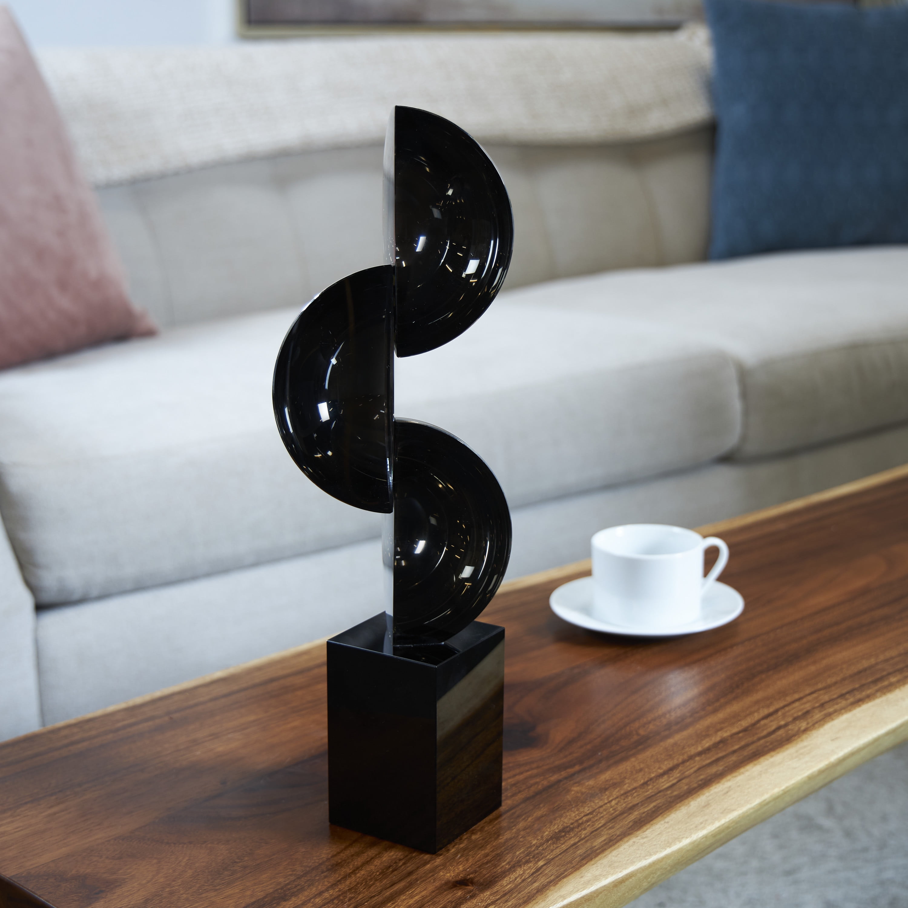 5" x 18" Black Crystal Abstract Two-Tone Geometric Sculpture with Stacked Semi Circles, by DecMode