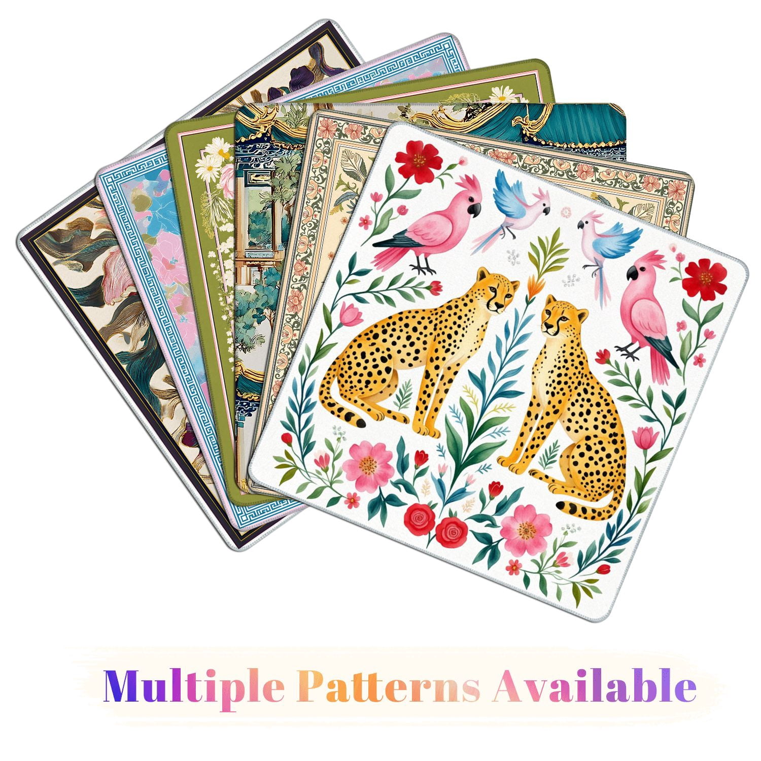 Mahjong Mat 31.5" x 31.5" Symmetrical Wildlife Cheetahs Pink Blue Parrots Vibrant Floral Non-Slip Noise Reduction American Mahjong Tiles Table Cover for Dominoes Poker Card Board Games Gift