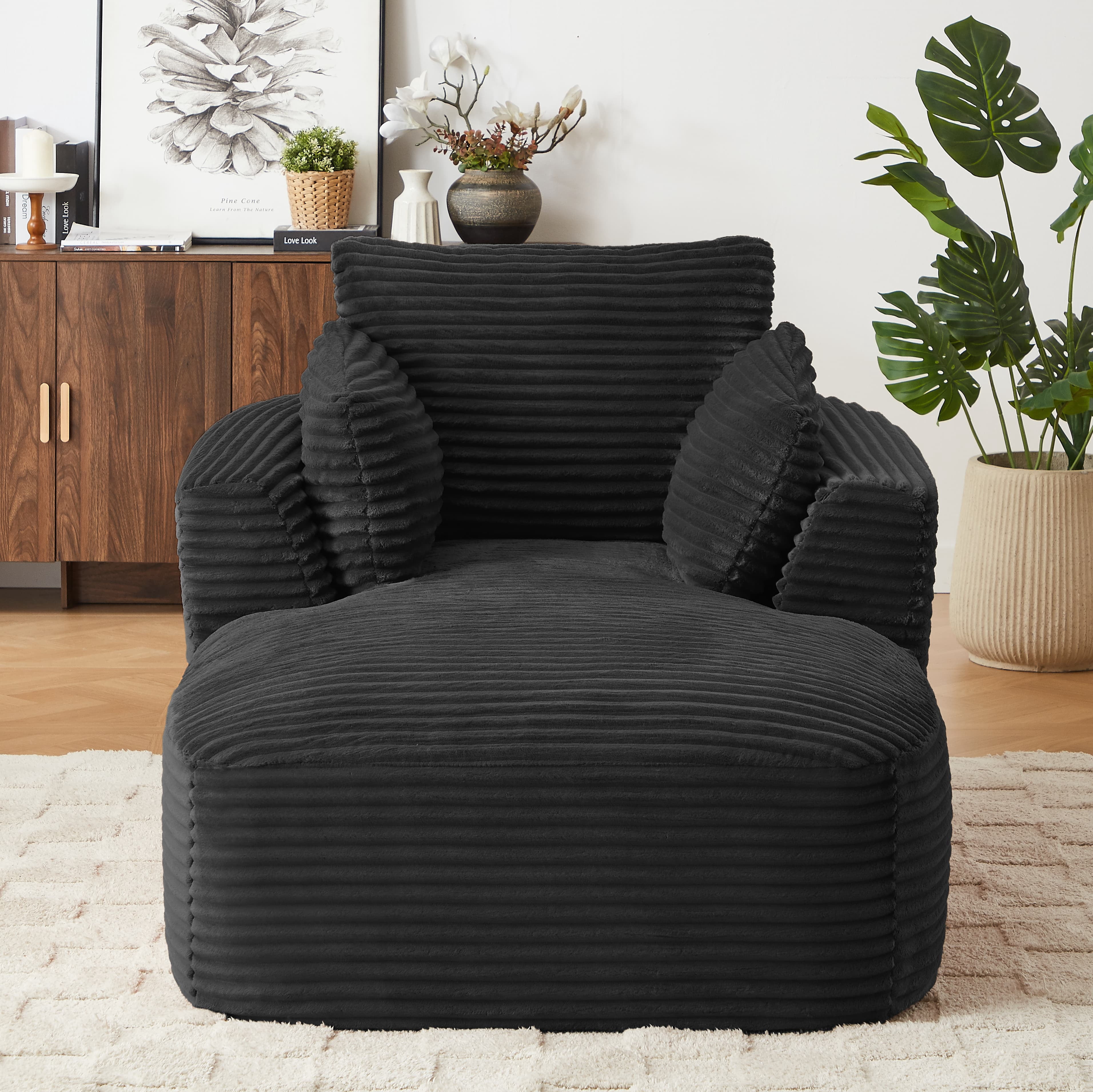 MAYEERTY Oversized Corduroy Chaise Lounge Sofa, Modern Couch with Spring Cushion for Apartment, 45*65*36"Black