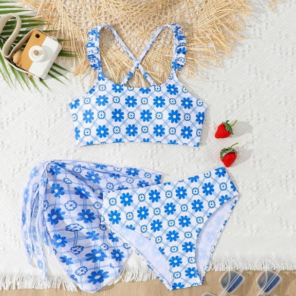 BXSRUTA Tween Girls Swimsuit 3 Piece Set Halter Bikini Tankini with Print Bow Knot Push Up Youth Bathing Suit