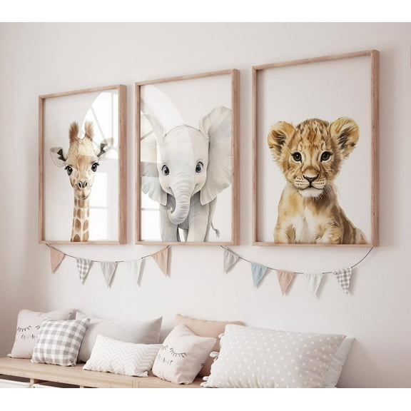 UNFFRAMED Safari Baby Animal Nursery Wall Art, Giraffe Elephant Lion Prints, Jungle Animal Decor, Gender Neutral Baby Room Wall Set, Animal Prints #154 Set 3 Prints 8x12