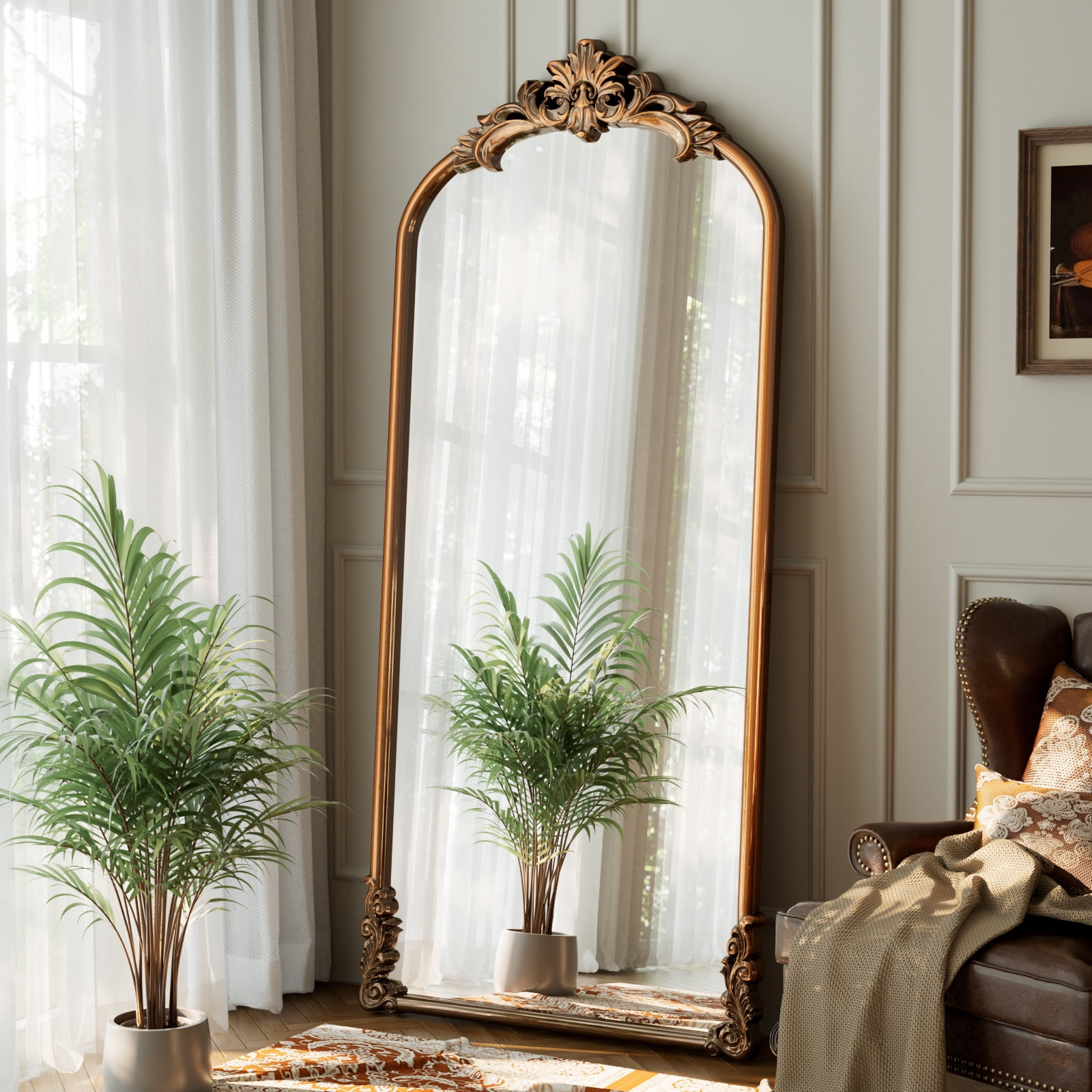 Easy4Home 71"x32" Arched Full-Length Floor Mirror Smooth Arch Top Floral Crest Standing Mirror, Antique Gold
