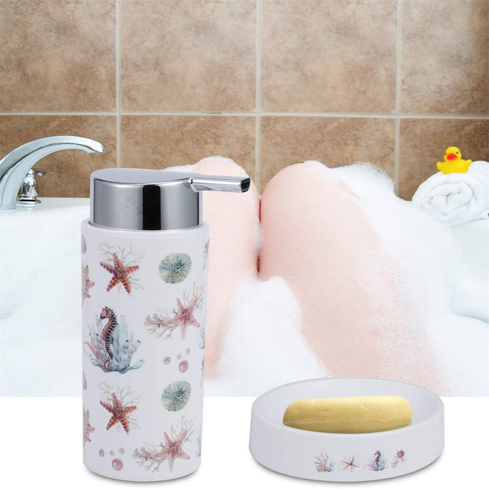 8-Piece Sea Elements Printed Bathroom Accessories Set - With Trash Can, Toilet Brush, Toothbrush Holder, Lotion Soap Dispenser, Soap Dish, Toothbrush Cup, Cotton Swab Holder