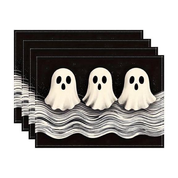 Halloween Placemats 18 X 12 Inch Linen Ghost Print Spooky Halloween Decor Indoor Halloween Table Decor for Dining Room Kitchen Party Single Piece