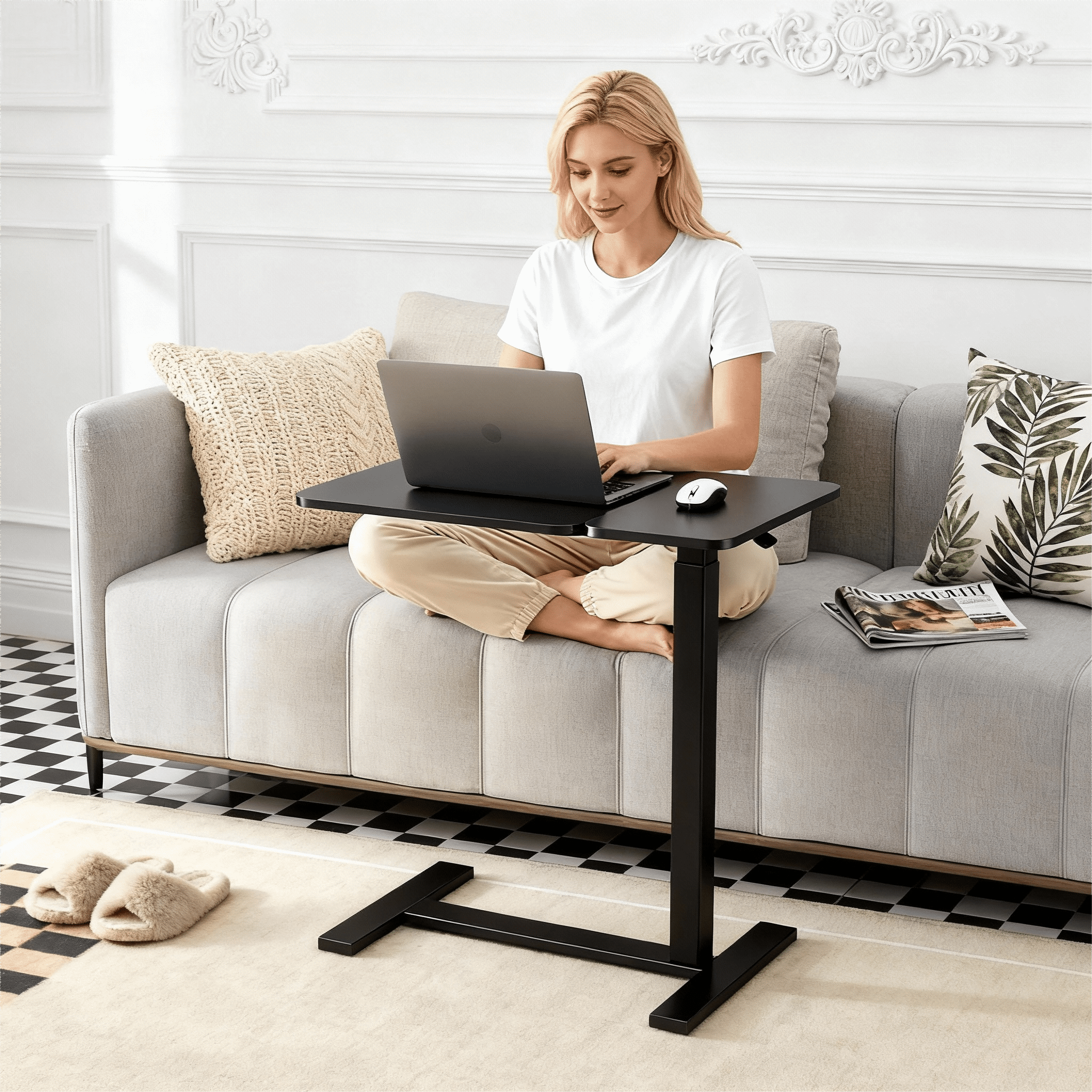 CONCETTA Overbed Table with Wheels Mobile Standing Desk, Adjustable height, Single-Sided Flip, Saves Space for Hospital, Home, Black