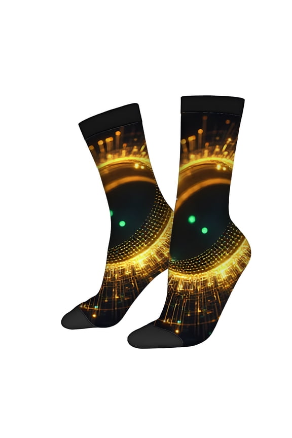 Futuristic Four Seasons Universal Socks (2 Pairs) - Unisex Trendy Mixed Color Socks with Glowing Circular Digital Pattern High - Tech Aesthetic Perfect for All Seasons