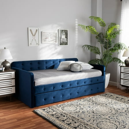 Baxton Studio Jona Modern and Contemporary Transitional Navy Blue Velvet Fabric Upholstered and Button Tufted Twin Daybed with Trundle