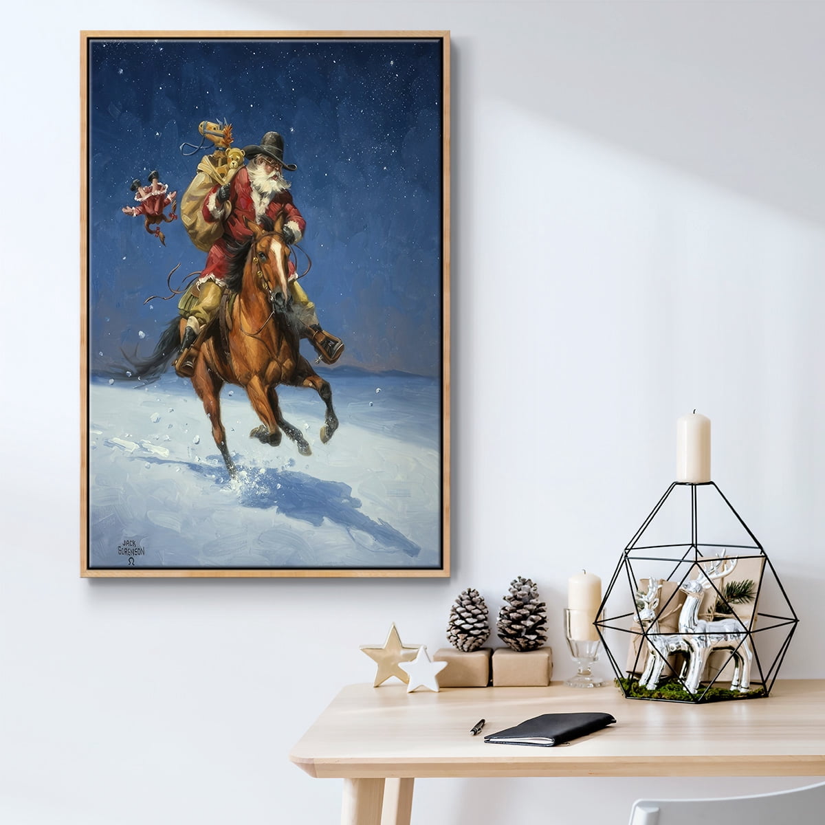 Midnight Rider - Framed Gallery Wrapped Holiday Canvas - 17 x 25 - Natural Wood Frame