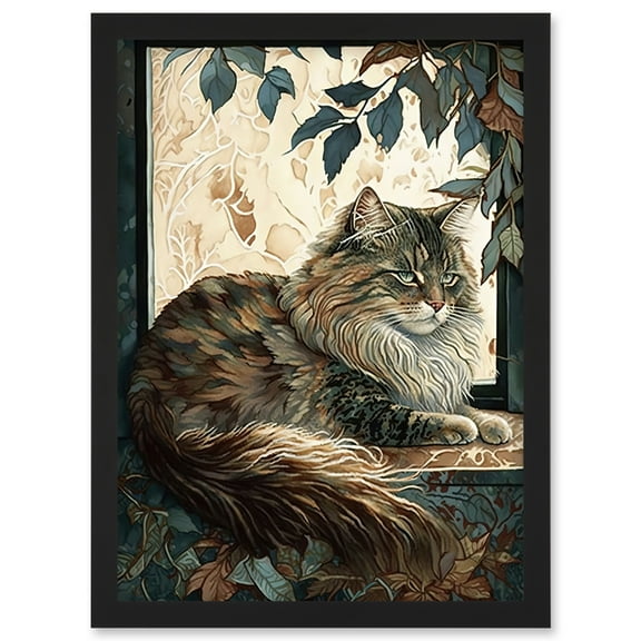 Siberian Cat Perched on Window Sill in Autumn Modern Illustration Artwork Framed Wall Art Print A4