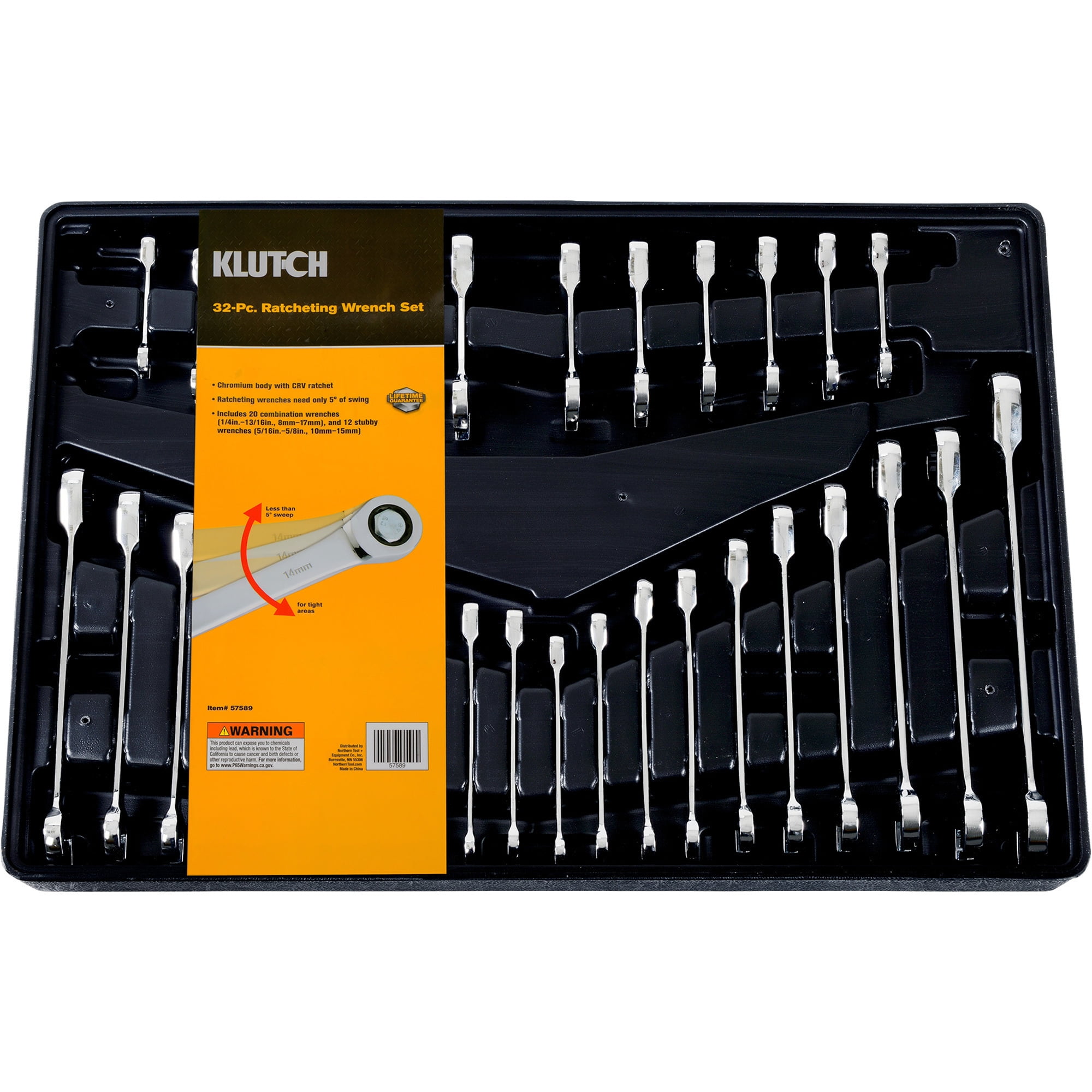 Klutch Ratcheting Combination Wrench Set, 32-Pc., SAE/Metric, Chrome Vanadium Steel