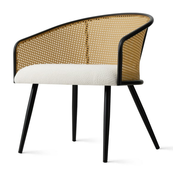 KOSSMAI Modern PE Rattan (plastic rattan) Accent Chair with Boucle Cushion, Curved Back Armchair, Comfy Upholstered Chair with Metal Legs for Bedroom Living Room Chair – 1 Piece