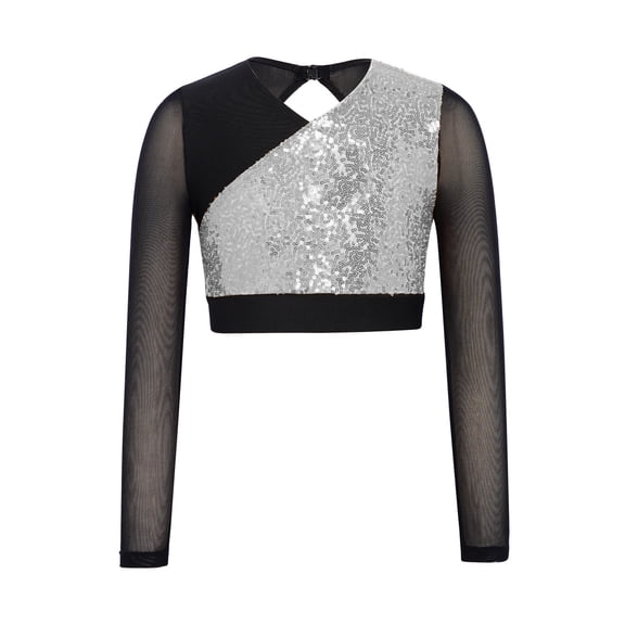 Eandarui Kids Girls Sequin Hip Hop Jazz Dance Crop Top Mesh Long Sleeve Cutout Back Color Block Sparkly Shirt Silver 12