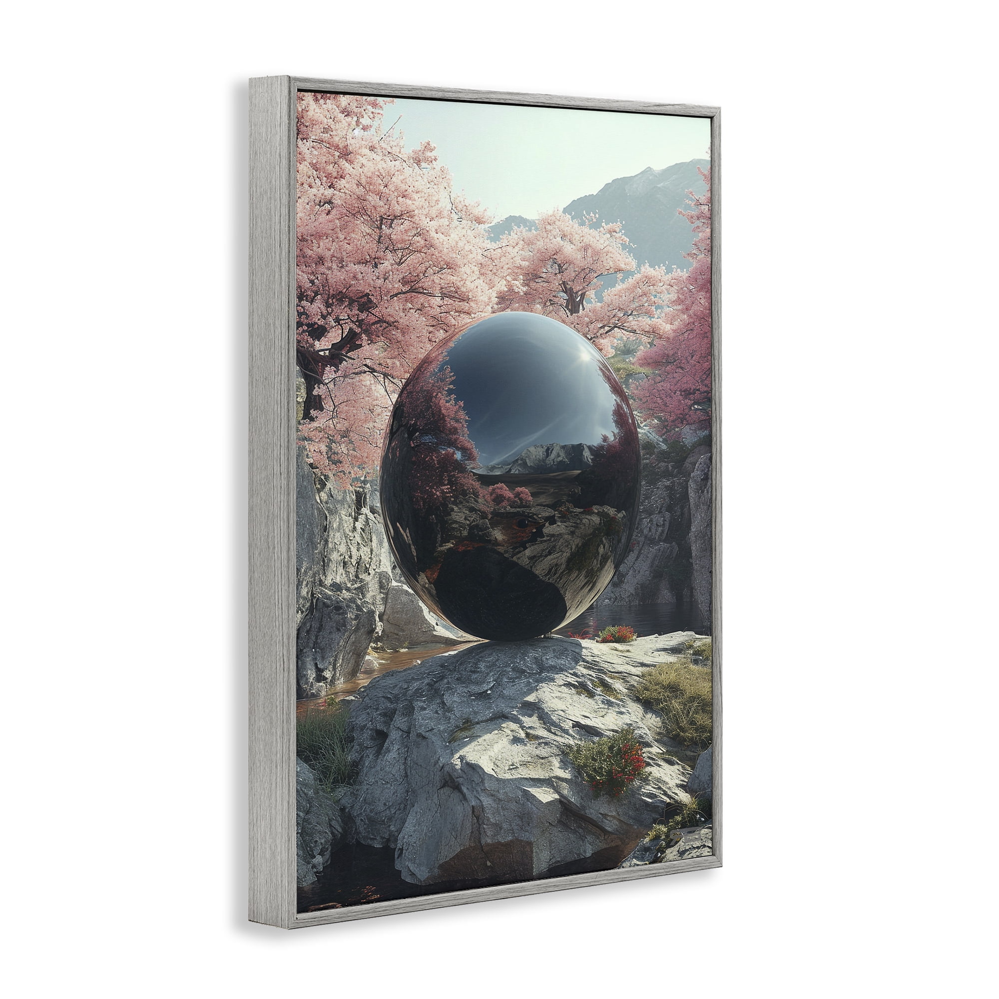 Stupell Industries Surreal Reflective Ball Landscape Painting Gray Framed Art Print Wall Art, 20 x 30