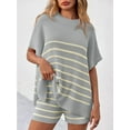thumbnail image 6 of 2 Pcs Women Striped Outfits Oversized Batwing Short Sleeve Tops High Waisted Shorts Summer Knit Lounge Short Sets, 6 of 6