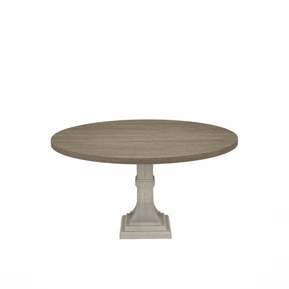 59 Inch Round Dining Table for 6, White and Gray Pedestal Base Kitchen Table, Farmhouse Style