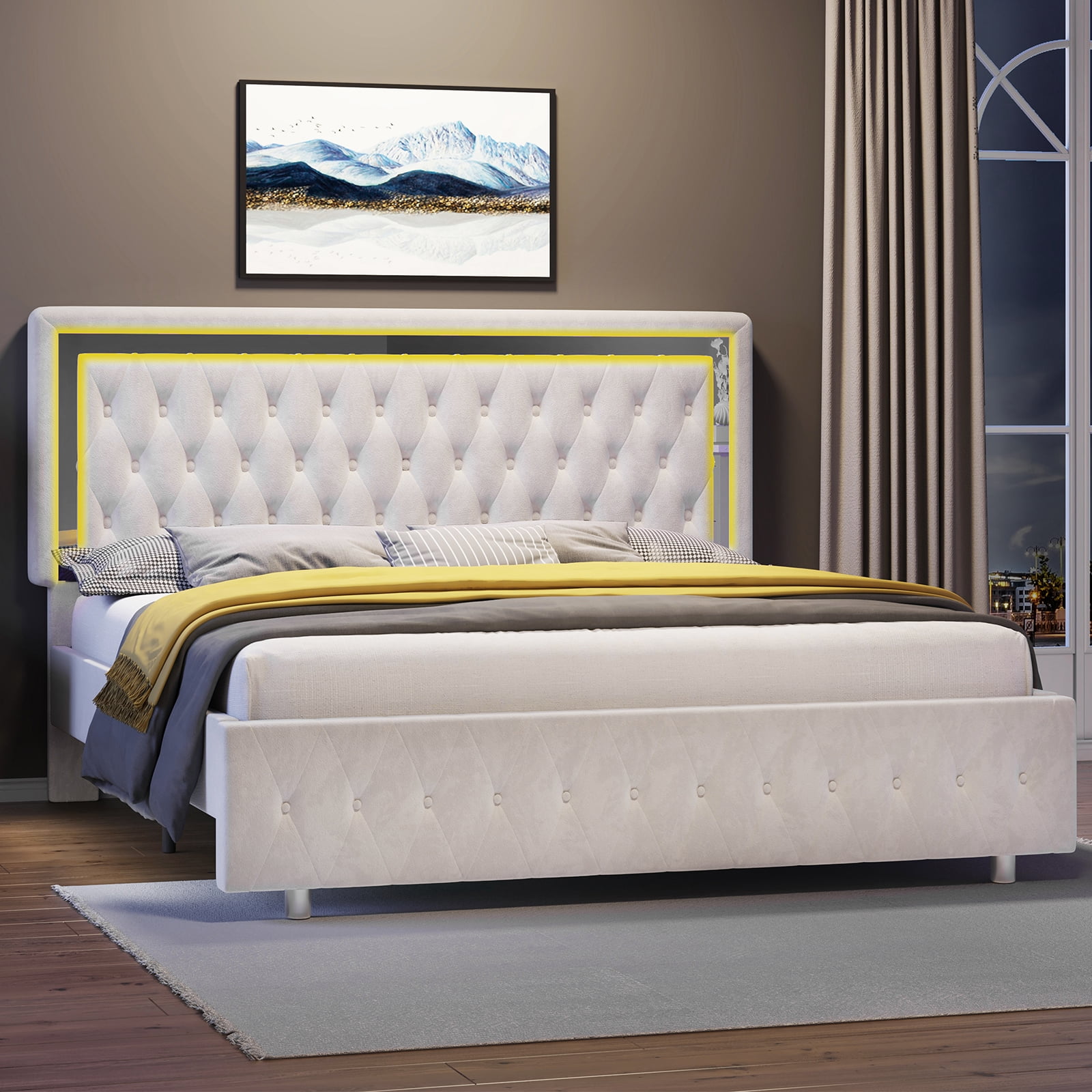 Merluxy Queen Bed Frame with Led Lights Headboard,Acrylic Mirror Accents,No Box Spring Needed,Velvet Cream
