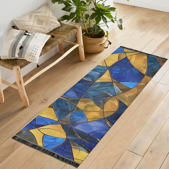 Blue Gold Mosaic Runner Rug Machine Washable Area Rugs Carpet Non Slip Entryway Mat for Bedroom Entryway Front Door