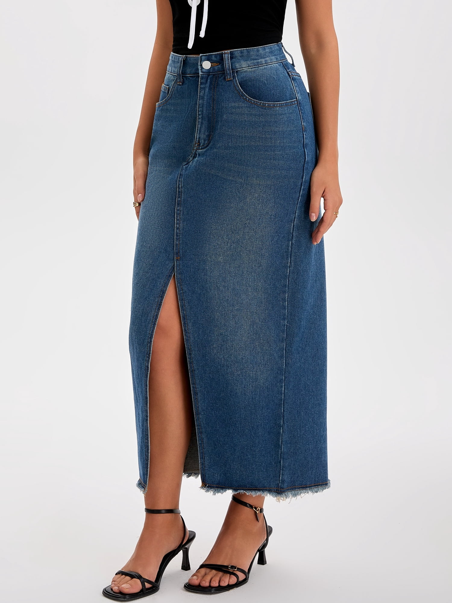 DARING DIVA Women's Denim Split Front Raw Hem Washed Maxi Jean Skirts XX-Large Retro Blue