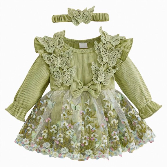 Xyant Baby Girl Romper Dress Embroidery Lace Flowers Baby Dress Romper Fall Winter Festival Clothes with Headband (Green,1-3 Months)