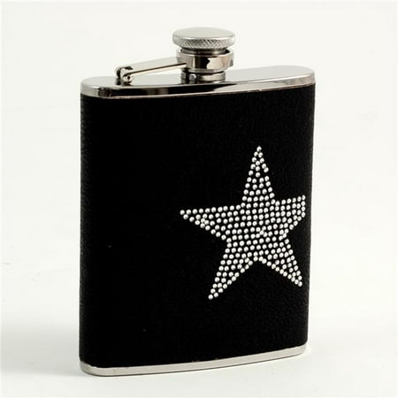 

Bey-Berk International FS416 6 oz Stainless Steel Leatherette Flask with Reign Stone Star Design Captive Cap & Durable Rubber Seal - Black & Silver