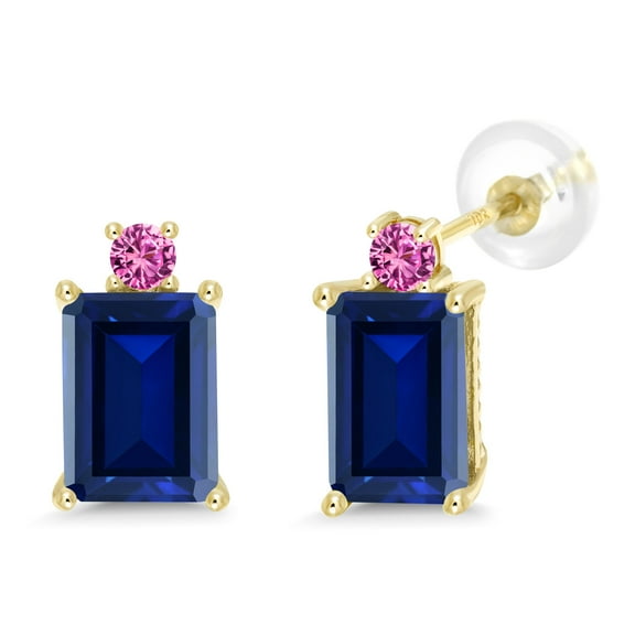 Gem Stone King 3.10 Ct Blue Created Sapphire Pink Created Sapphire 10K Yellow Gold Earrings