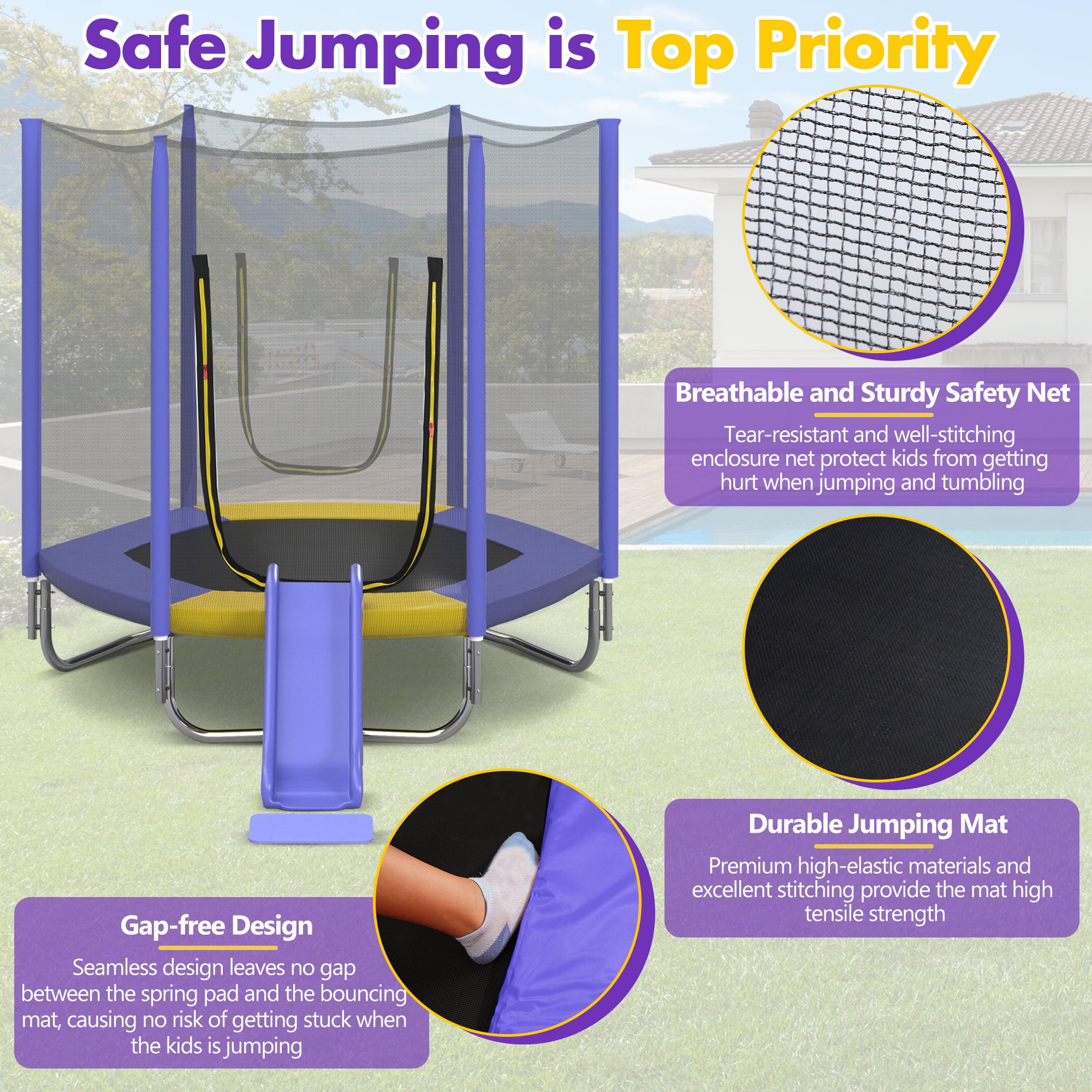 7FT Trampoline for Kids with Safety Enclosure Net, SEGMART Toddler Trampoline with Removable Slide, Upgrade Recreational Trampoline with Jumping Mat for Indoor Outdoor Backyard, Purple