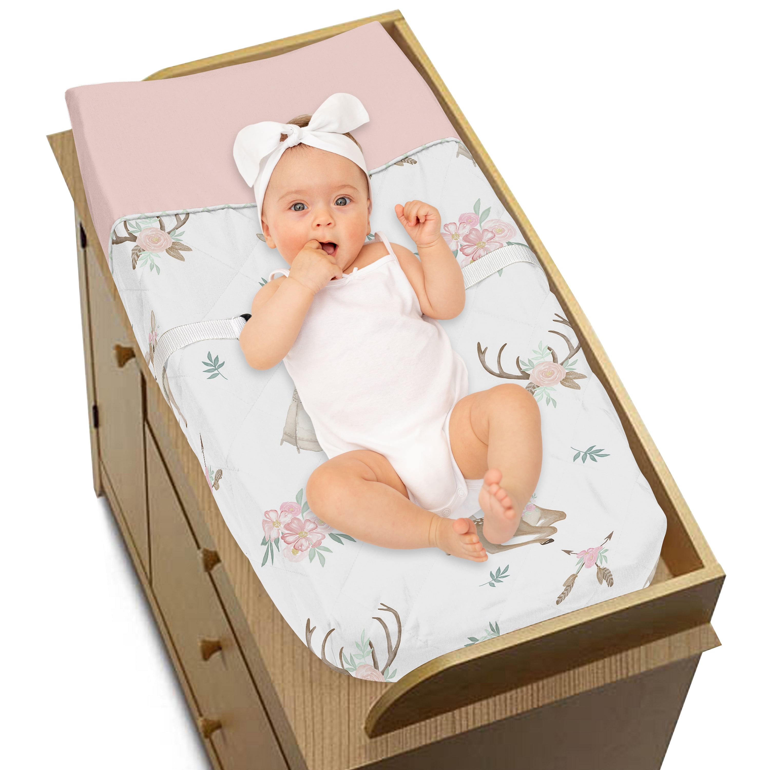 Sweet Jojo Designs Deer Floral Pink Taupe and Green Changing Pad Cover